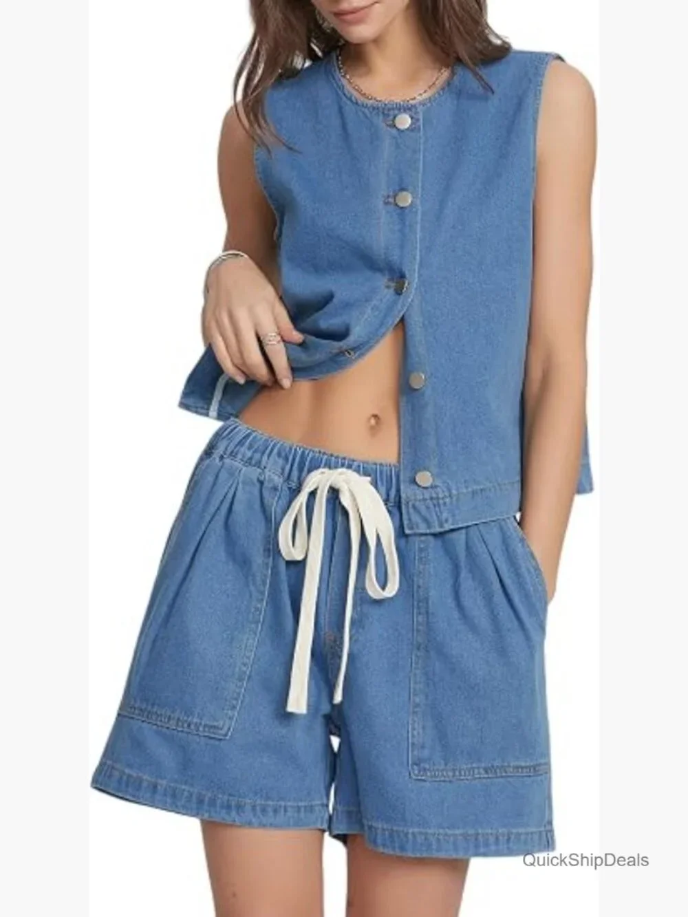 Denim Two Piece Outfit: Vest & Shorts Matching Set